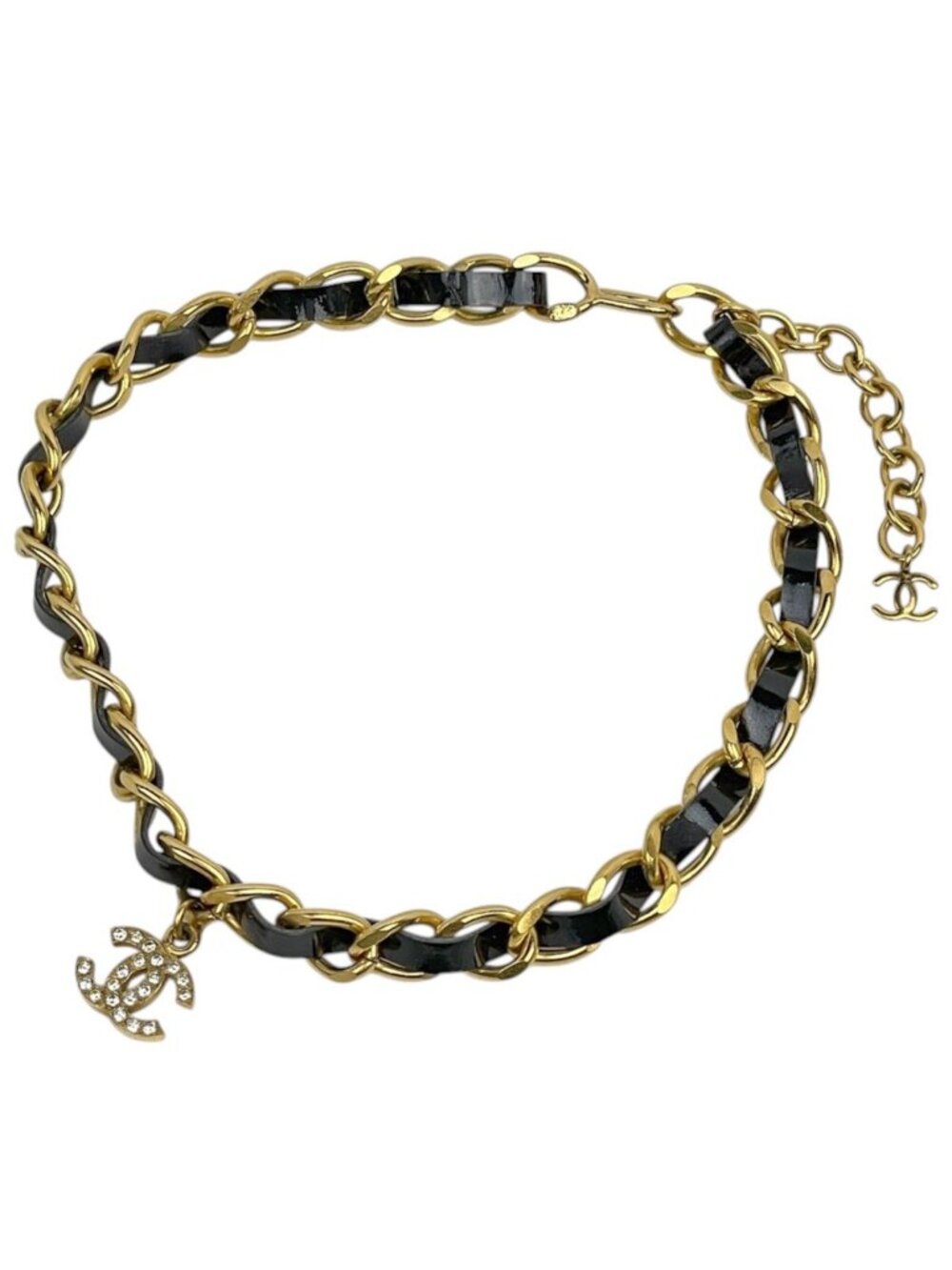 Chanel Necklace CC Logo Chain Leather Rhinestone Gold
